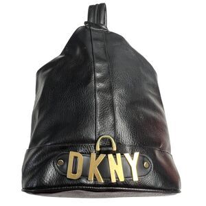 Vintage DKNY Black Leather Top Zip Slouch Backpack Brass Logo Split‎ Zipper